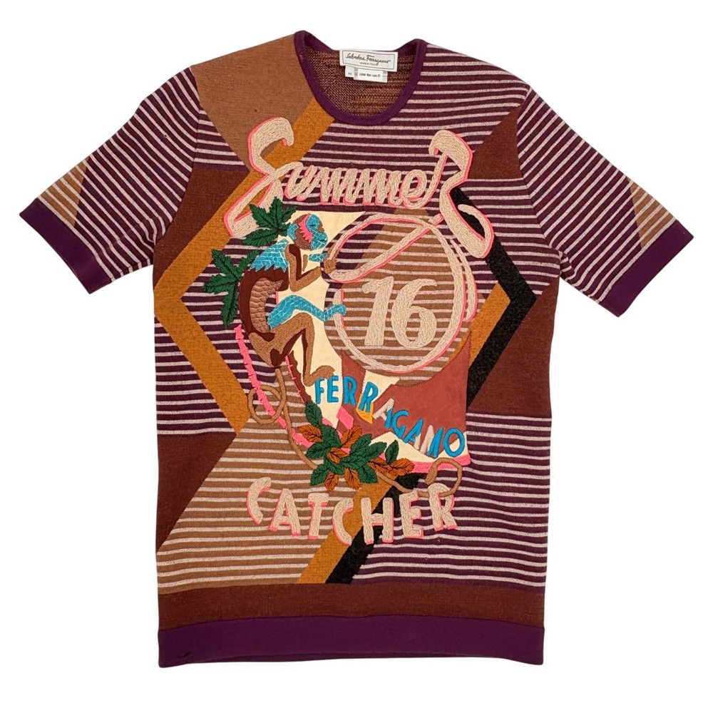 Salvatore Ferragamo Embroidered Wool Sweater M Italy Statement‎ Knit